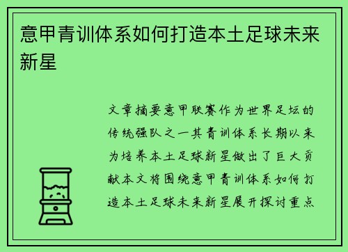 意甲青训体系如何打造本土足球未来新星